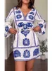 Robes décontractées de base broderie florale mini pour femmes femme contraste couleur col en V robe à manches longues 2023 été chic robes lâches 230920