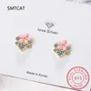 Pendientes de tuerca Plata de Ley 925 auténtica a la moda, pendiente con dije de flor de esmalte dulce para mujer, joyería fina con piedras preciosas para fiesta de boda DK004