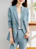 Womens Suits Blazers Circyy Office Wear Mulheres Outono Twopiece Khaki Pant Double Breasted Manga Longa Blazer Cintura Alta Bolsos Calças 230920