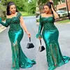 2021 Plus Size Arabic Aso Ebi Green Mermaid Sequined Prom Dresses Lace Pärled Sheer Neck Evening Formal Party Second Reception BRI253Z