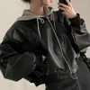 Frauen Leder CP Mit Kapuze Lose Moto Biker Jacken Frauen Mode Faux Mäntel Elegante Herbst Koreanische Kurze PU Weibliche Damen