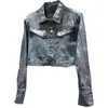 Giubbotti da donna PREPOMP 2023 Autunno Arrivo Manica lunga Turn Down Collar Tie Dye Blu Giacca di jeans da donna Cappotto corto GL676