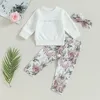 Ensembles de vêtements pour bébés filles, 3 pièces, vêtements à manches longues, hauts gaufrés et pantalons à fleurs élastiques, bandeau, tenues d'automne