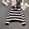 Womem Color Stripe Sweater Autumn Winter Warm Knits Topps Metal Letter Round Neck Stickover Tees