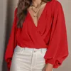 Damesblouses Rode blouse en tops Sexy diepe v-hals kettingoverhemden Ruimvallend Casual Lantaarnmouwen Elegant overhemd Werk Kantoor-dame Formele kleding