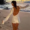 Vestidos casuais sexy backless cetim mini vestido manga longa clube festa dreses para mulheres 2023 outono moda curta