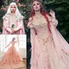 Vestido de fiesta rosa medieval Vestidos de novia 2021 Vintage Halloween Fuera del hombro Manga real Encaje Perlas Jardín Gótico con cordones nupcial 278I