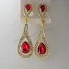 Dangle Earrings YELLOW GOLD PLATED OVERLAY FILLED SIMULATED RED CZ STONE WATER DROP CHARM 2.7" EARRING