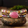 Strand Bohemian Natural Stone Rhodochrosite Pärlor Armband Handgjorda 3 Strängar Läder Wraped For Women