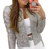 Women's Jackets Womens Long Sleeve Party Casual Cropped Coat Solid Color Sparkly Sequins Open Front Stand Collar Short Outwear