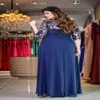 Mãe da Noiva Vestidos Formais Noite Plus Size Lindo Renda e Chiffon Mangas Meio Comprimento Azul Mãe da Noiva Dresse303B