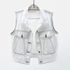 Women's Vests Black White Denim Vest Women Student Waistcoat Summer Loose Short Sleeveless Jacket Coat Stripe Big Pocket Jeans Female