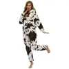 Women's Sleepwear Cows Pyjamas Stitch Warm Cartoon Animal Jumpsuit Nightwear Long Sleeve Black White Print Hood Rompers Onesie