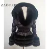 Kobiety futra faux zadorin zimowy płaszcz dla kobiet moda montaż rękawy z kapturem w dół płaszcze z kapturem czarne puffer kurtki 230920
