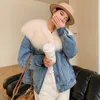Women's Jackets Women Winter Down Denim Jacket With Big Fake Fur Callor Street Style Thick Warm Lining Jean and Coats Super Cool 230920