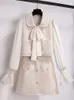 Zweiteiliges Kleid Herbst Französisch Duft Set für Damen Outfit koreanische Schleife Kragen Flare Ärmel Patchwork TopsMiniröcke Sets Anzug 230920