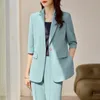 Kvinnor Tvåbitar byxor Naviu High End Fashion Blue Suits Women Summer Thin Temperament Fomral Half Sleeve Blazer and Pants Office Ladies Work Wear 230920