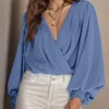 Damesblouses Rode blouse en tops Sexy diepe v-hals kettingoverhemden Ruimvallend Casual Lantaarnmouwen Elegant overhemd Werk Kantoor-dame Formele kleding