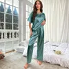 Damen-Nachtwäsche, Seidenpyjama für Damen, Heimanzug, kurzärmelig, lange Hosen, Pyjama, zweiteiliges Set, Satin-Nachtwäsche, Pijama Mujer Loungewear