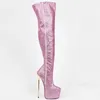 Stivali stile americano glitter punta tonda 22 cm plateau tacco alto zip laterale moda sexy sopra il ginocchio coscia lunga personalizzata da donna 230920