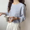 Women's T Shirts Korean Fashion Striped T-shirt Autumn Long Sleeve Top Loose Casual Cotton Female Blue Orange S-XL