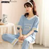 Women's Sleep Lounge 4xl 5xl Summer Pijamas Set for Women Strip Loungewear Kort ärm Långa byxor Lady Pyjamas Cartoon Sleepwear Girl Cotton Pijamas L230920