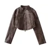 Jaquetas femininas Mulheres Manga Longa Moto Bike Pu Faux Leather Maillard Brown Cropped Jacket