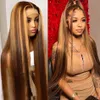 Perruque Lace Front Wig synthétique brésilienne lisse à reflets HD, perruque sans colle ombrée, couleur blond miel, perruques synthétiques pour femmes