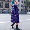 レディーストレンチコート長い冬のジャケット女性フード付きゆるいアウトウェア韓国のファッションパフグロッシージャケットコートプラスサイズダウンパッド入り光沢