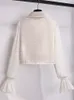 Tweedelige jurk herfst Franse geurset voor damesoutfit Koreaanse strikkraag flare mouw patchwork tops minirokken sets pak 230920