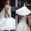 Lussuosi cristalli di perle Sirena Abiti da sposa Abiti da sposa Maniche lunghe Scollo a V Increspature a strati Cappella treno Arabo Dubai veste de265x