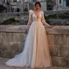 Elegant A-Line Wedding Dresses V-Neck Appliques Long Sleeves Tulle Bridal Dress White Lace Wedding Gowns Custom Size
