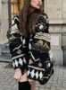 Women's Jackets Fashion Printed Loose Panelled Woolen Coat Women Long Sleeve Singel Breasted Pocket Lady Coats Geometric Retro Female Cardigan 230919