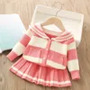 Clothing Sets Girls Sweater Set AutumnWinter Western Korean Stripe Academy Style Childrens Knitted Princess TopPleated Skirt 230919