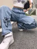 Jeans pour femmes Harajuku imprimé papillon Vintage esthétique Baggy pantalon droit Grunge tenues décontractées pantalon Streetwear Y2k 2023