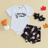 Kläder set sommar halloween spädbarn baby flickor kläder brev tryck kort ärm romper och shorts söta pannband kläder 230919