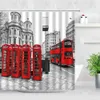 Dusch gardiner London Street View duschgardiner Big Ben Red Phone Booth Bus Printing Retro Wall Decor Tygskärmkrokar Badrumsgardin Set 230919