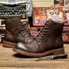 Botas Estilo Britânico Retro Lazer Chunky Bottom Costura Cross-amarrado Couro de Grão Completo Homens Tornozelo Alto Top Motocicleta 2308