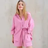 Vêtements de nuit pour femmes Pyjamas en coton pour femmes ensembles costume vêtements de nuit décontractés col rabattu neuf quarts manches hauts de nuit Shorts femme Homewear 230920