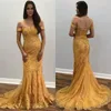 Abiti da festa Sirena sexy Prom 2023 Applicazioni di pizzo oro con spalle scoperte Abiti formali su misura senza schienale Lvestidos De Noche