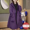 Trenchs de femmes 2023 automne et hiver épais manteau coton à l'intérieur violet coupe-vent grande poche lâche polyvalent velours côtelé à capuche 6XL