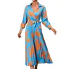 Casual Dresses Womens Turndown Neck Maxi Dress Loose Prints Long Sleeve Swing Flowy Girdle