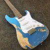 Boa qualidade azul metálico pesado relíquia estilo vintage guitarra elétrica feita à mão