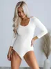 Womens Jumpsuits Rompers Woman White Jumpsuit Spring and Summer Simple Round Neck Long Sleeve Bodysuit for Women 230921