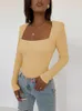 Damen T-Shirts Wsevypo Pad Schulter Langarm Crop Tops Frauen Herbst Casual Slim Fit T-Shirt Party Büro Straße Square Neck Pullover