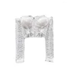 Blouses Femmes Chemisier en dentelle chic américain pour femmes à manches longues sans bretelles Slash cou nu Midriff intégré soutien-gorge hauts chemises d'été goutte