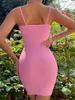 Casual Dresses FOMOYUU Women Spaghetti Straps Mini Dress V-Neck Sundress Tie-up Slim Fit Summer Party Short (B Pink M)