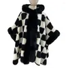 Women's Fur Sample Winter Warm Velvet Thick Batwing Sleeves Coat With Hat Plaid Poncho Women Loose Thicken Streetwear Long Cloak