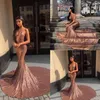 2019 Sexig Rose Gold Sequined Mermaid Prom Dresses Spaghetti ärmlöst öppet rygg svep Train Formell festklänning Pageant Evening Go266s