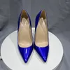 Dress Shoes Shiny Blue Patent Leather Basic Pumps High Heels 10Cm Females Slip On Party Fashion Woman Big Size 42 43 44 45